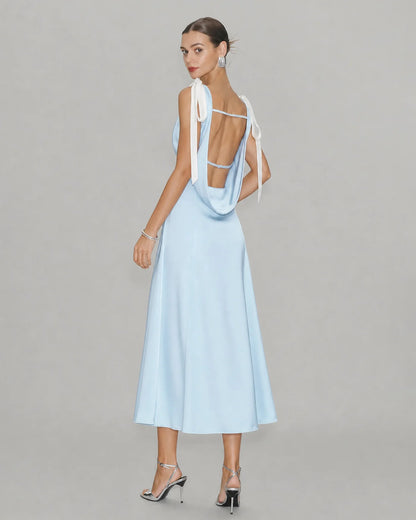 Sky Blue Satin A-Line V-Neck Open Back Midi Dress Back View - Aabei Dress