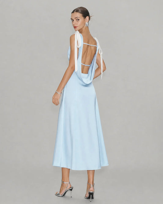 Sky Blue Satin A-Line V-Neck Open Back Midi Dress Back View - Aabei Dress