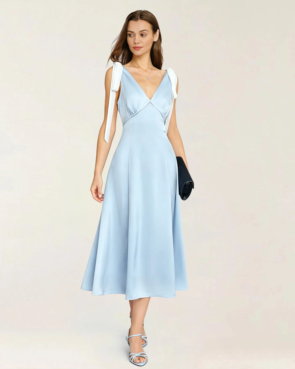 Sky Blue Satin A-Line V-Neck Open Back Midi Dress Front View - Aabei Dress
