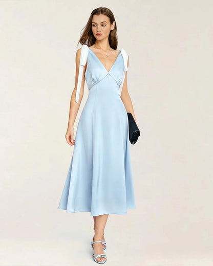 Sky Blue Satin A-Line V-Neck Open Back Midi Dress Front View - Aabei Dress