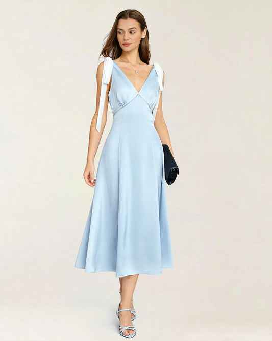 Sky Blue Satin A-Line V-Neck Open Back Midi Dress Front View - Aabei Dress