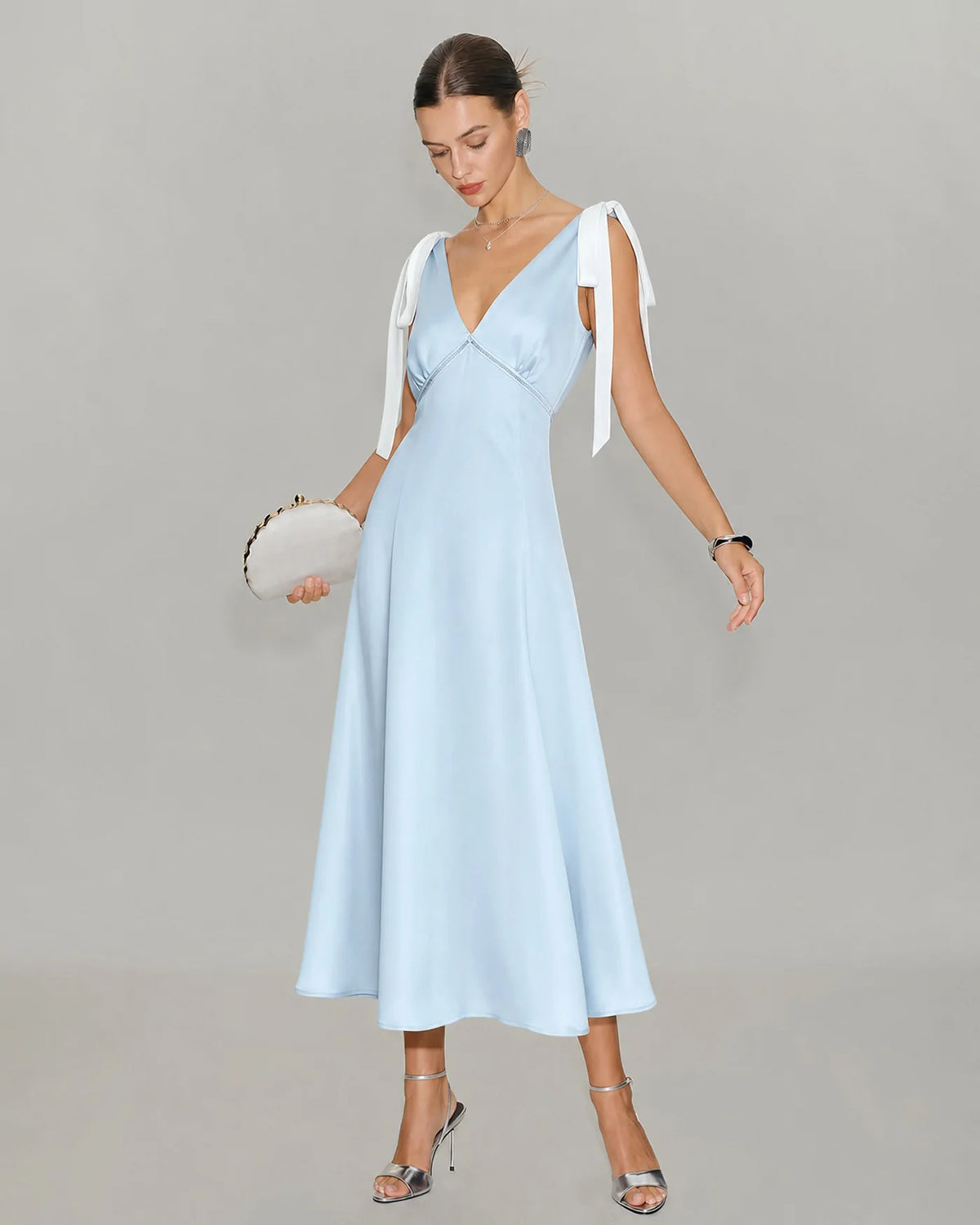 Sky Blue Satin A-Line V-Neck Open Back Midi Dress - Aabei Dress