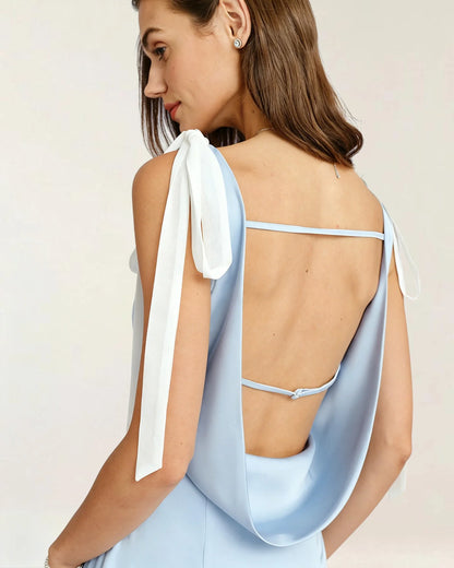 Sky Blue Satin A-Line V-Neck Open Back Midi Dress - Aabei Dress