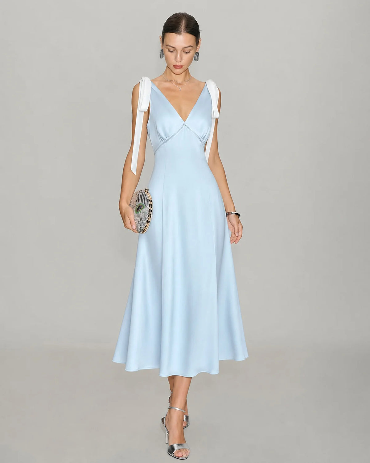 Sky Blue Satin A-Line V-Neck Open Back Midi Dress - Aabei Dress