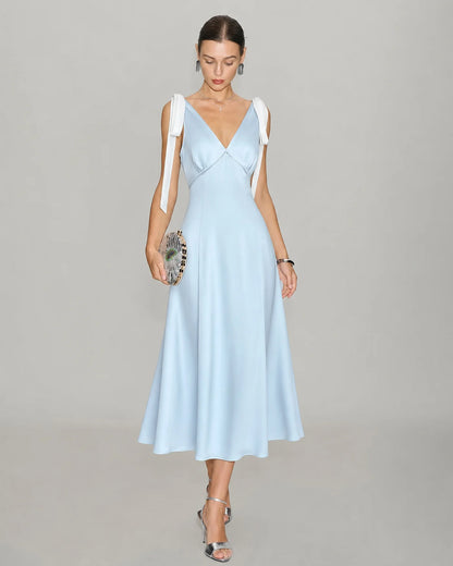 Sky Blue Satin A-Line V-Neck Open Back Midi Dress - Aabei Dress