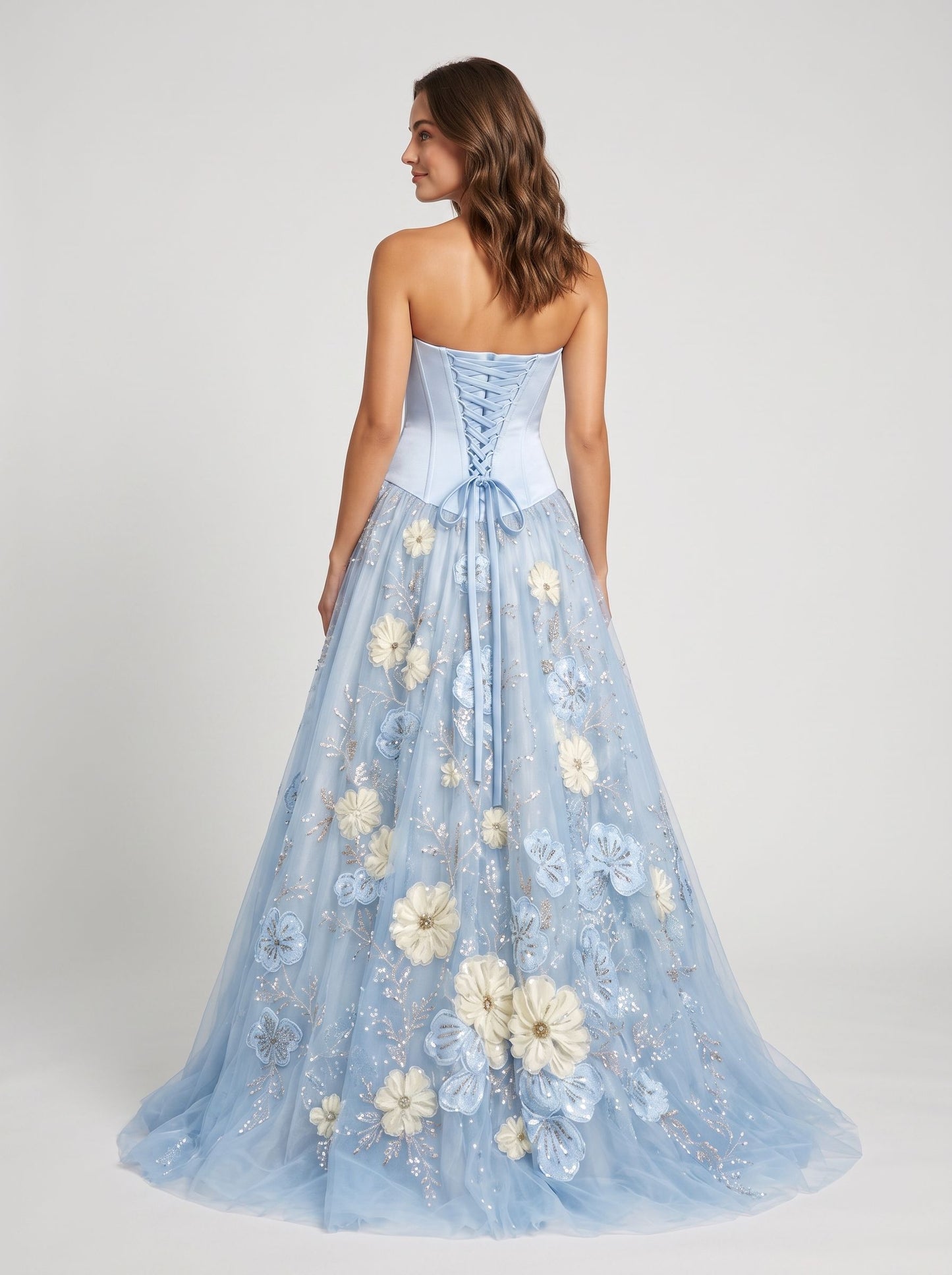 Sky Blue Satin and Tulle A-line Sweetheart Lace-up Back Floor Length Dress Back View - Aabei Dress