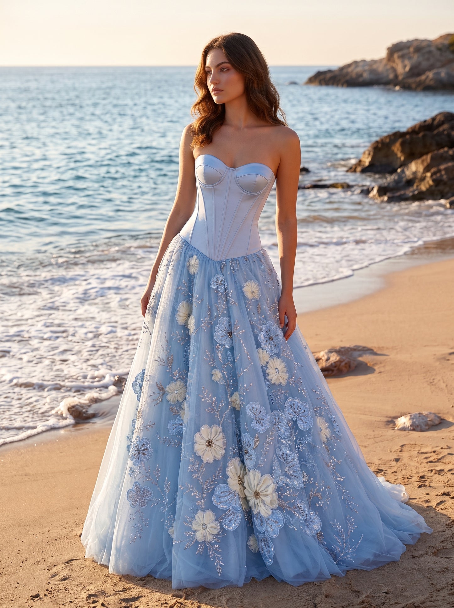 Sky Blue Satin and Tulle A-line Sweetheart Lace-up Back Floor Length Dress Front View - Aabei Dress