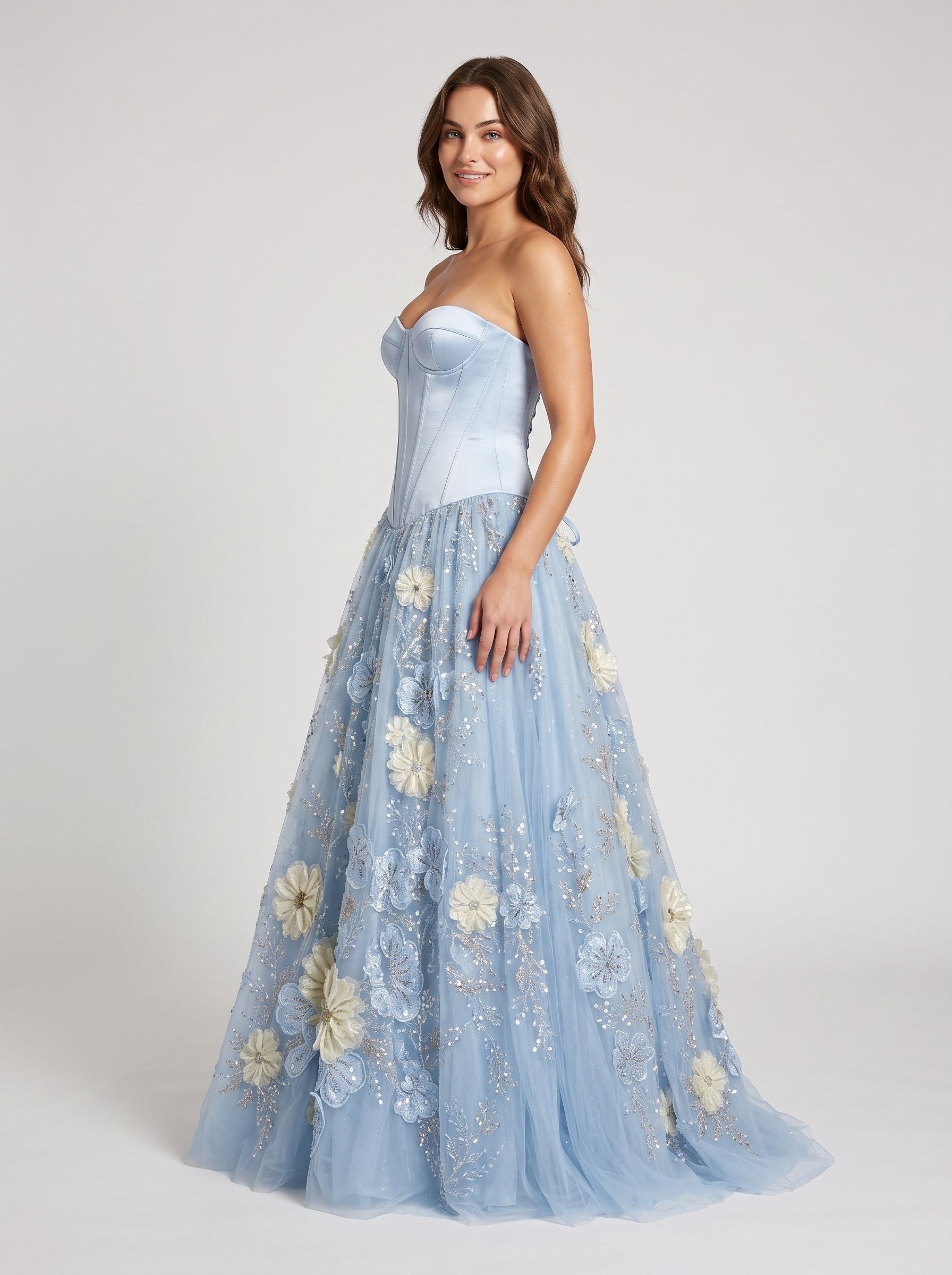 Sky Blue Satin and Tulle A-line Sweetheart Lace-up Back Floor Length Dress - Aabei Dress