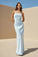 Sky Blue Satin sheath-column straight-across open-back floor-length Dress Front View - Aabei Dress