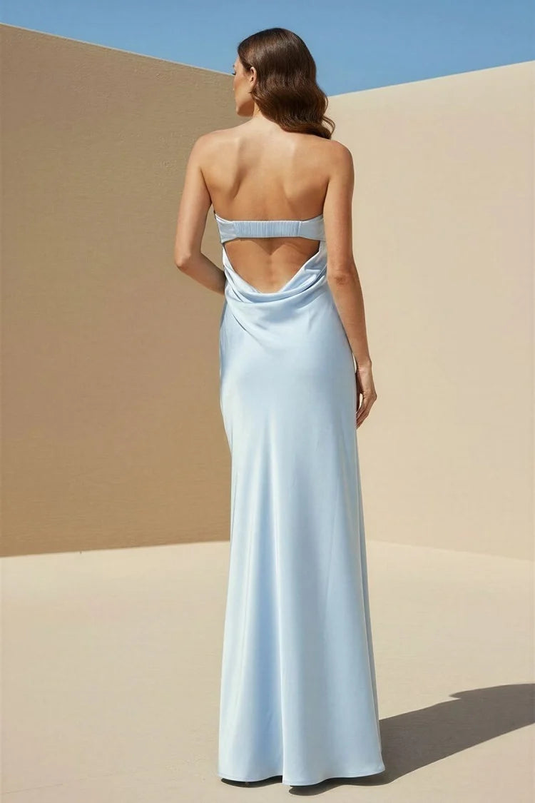 Sky Blue Satin sheath-column straight-across open-back floor-length Dress - Aabei Dress