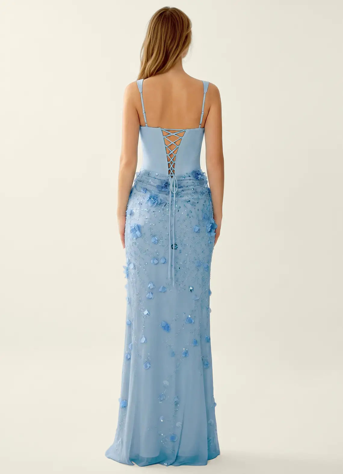 Sky Blue Sequin Mesh Sheath-Column Square-Neck Lace-Up-Back Floor-Length Dress Back View - Aabei Dress