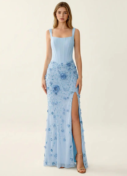Sky Blue Sequin Mesh Sheath-Column Square-Neck Lace-Up-Back Floor-Length Dress Front View - Aabei Dress