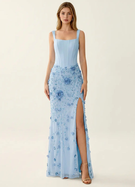Sky Blue Sequin Mesh Sheath-Column Square-Neck Lace-Up-Back Floor-Length Dress Front View - Aabei Dress