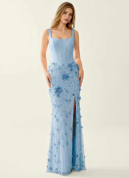 Sky Blue Sequin Mesh Sheath-Column Square-Neck Lace-Up-Back Floor-Length Dress - Aabei Dress