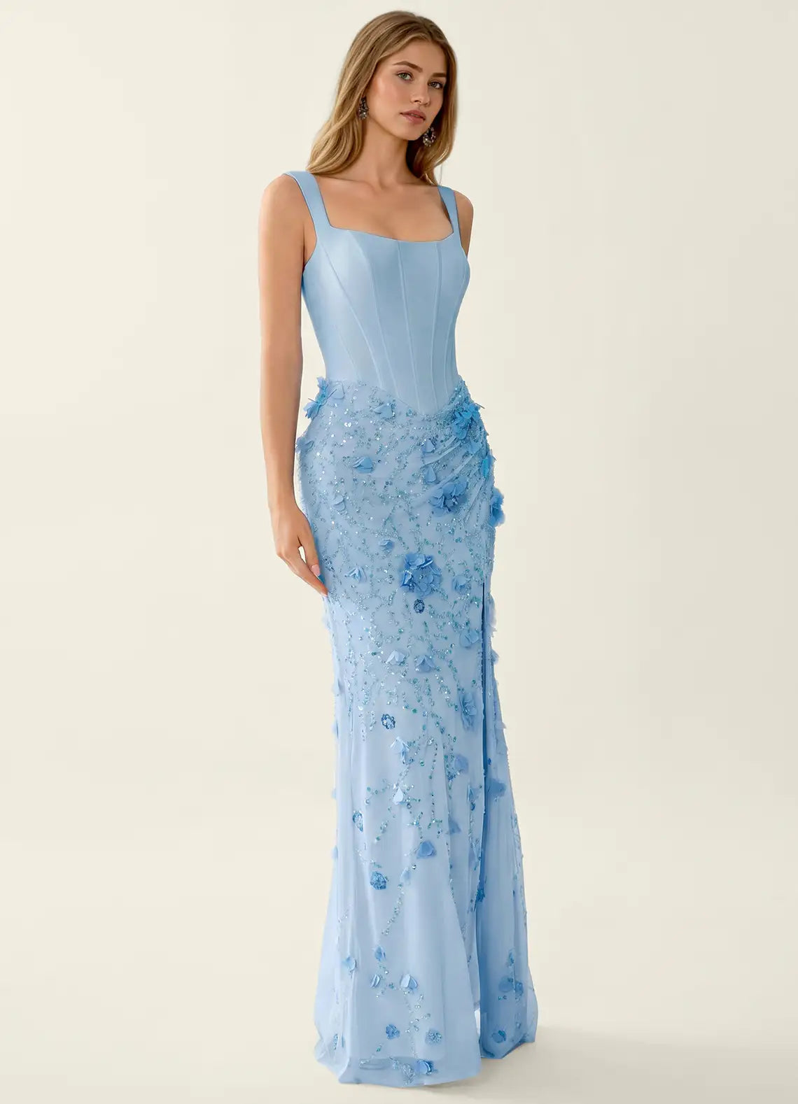 Sky Blue Sequin Mesh Sheath-Column Square-Neck Lace-Up-Back Floor-Length Dress - Aabei Dress