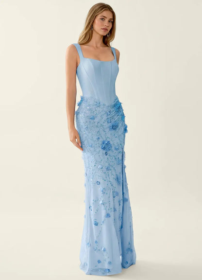 Sky Blue Sequin Mesh Sheath-Column Square-Neck Lace-Up-Back Floor-Length Dress - Aabei Dress