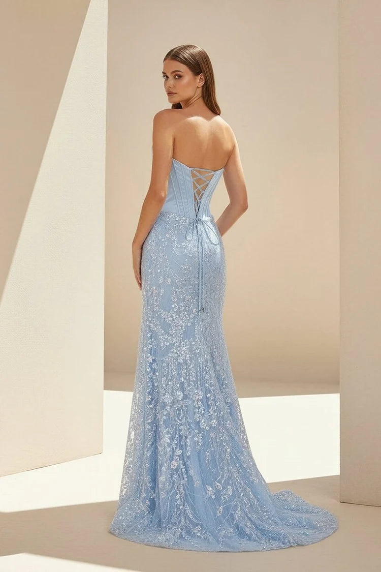 Sky Blue Sequin Satin sheath-column sweetheart lace-up-back floor-length Dress Back View - Aabei Dress