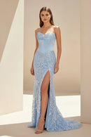 Sky Blue Sequin Satin sheath-column sweetheart lace-up-back floor-length Dress Front View - Aabei Dress