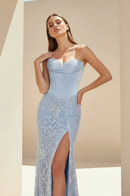 Sky Blue Sequin Satin sheath-column sweetheart lace-up-back floor-length Dress - Aabei Dress