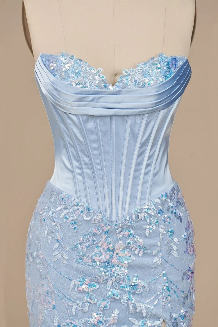 Sky Blue Sequin Satin sheath-column sweetheart lace-up-back floor-length Dress - Aabei Dress