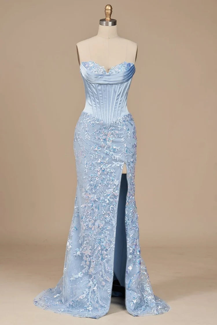 Sky Blue Sequin Satin sheath-column sweetheart lace-up-back floor-length Dress - Aabei Dress
