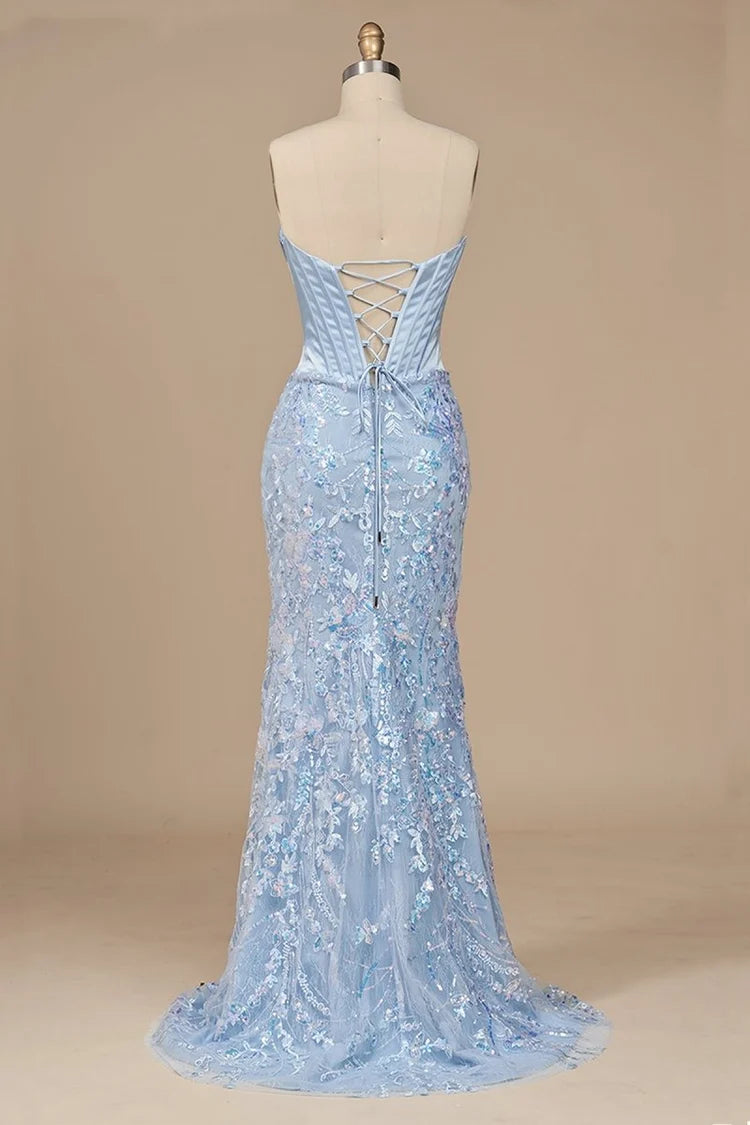Sky Blue Sequin Satin sheath-column sweetheart lace-up-back floor-length Dress - Aabei Dress