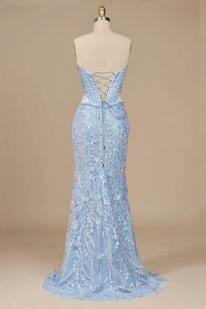 Sky Blue Sequin Satin sheath-column sweetheart lace-up-back floor-length Dress - Aabei Dress