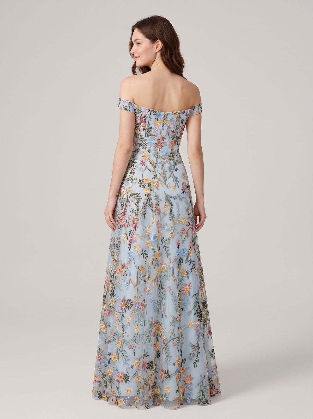 Sky Blue Tulle A-Line Off the Shoulder Zipper Back Floor Length Dress Back View - Aabei Dress