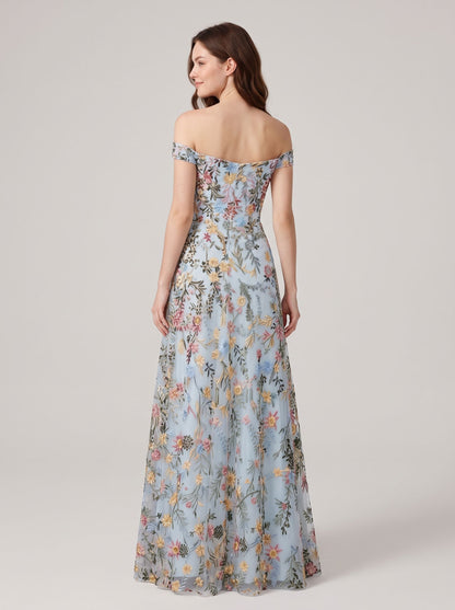 Sky Blue Tulle A-Line Off the Shoulder Zipper Back Floor Length Dress Back View - Aabei Dress