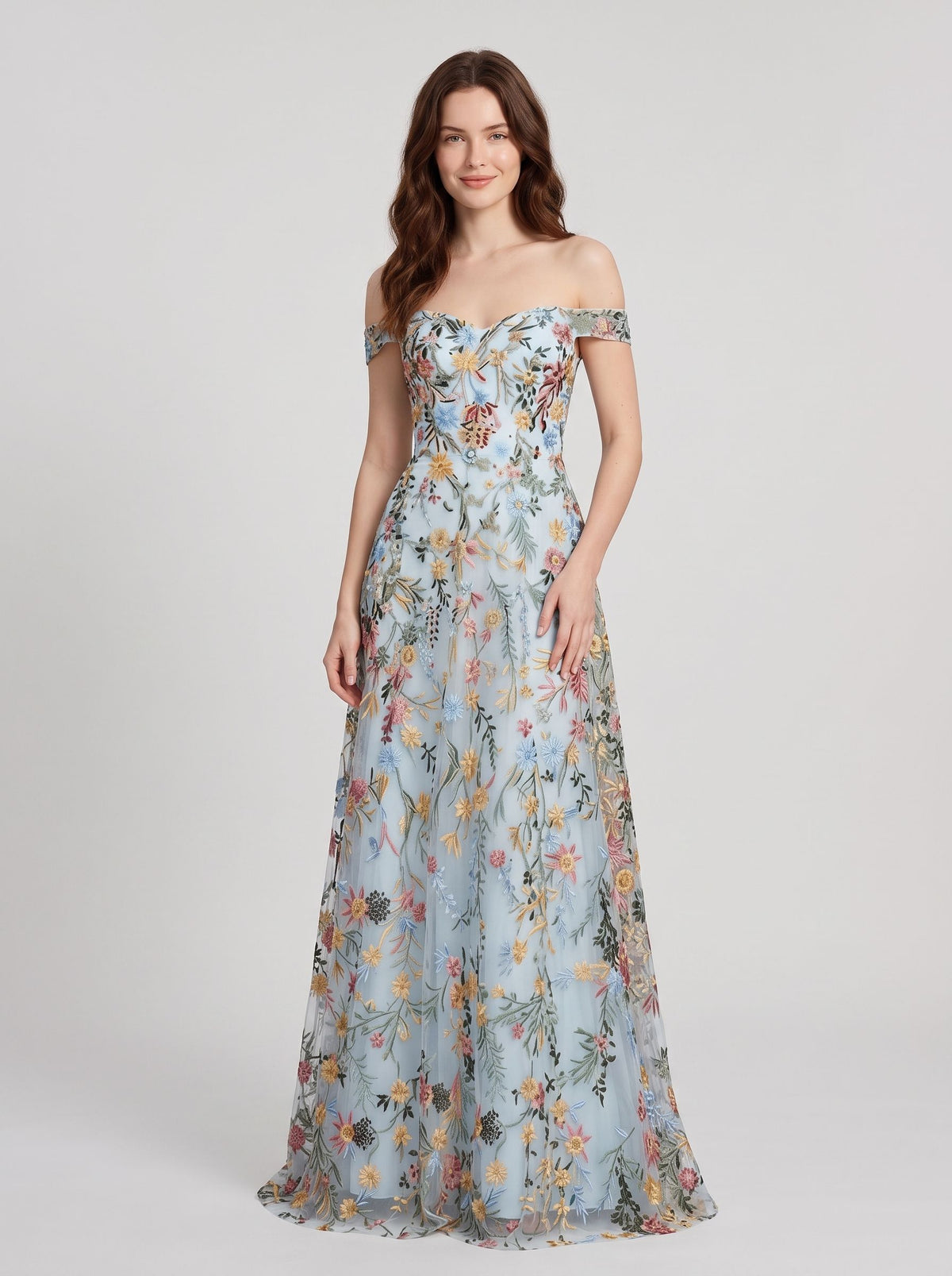 Sky Blue Tulle A-Line Off the Shoulder Zipper Back Floor Length Dress Front View - Aabei Dress