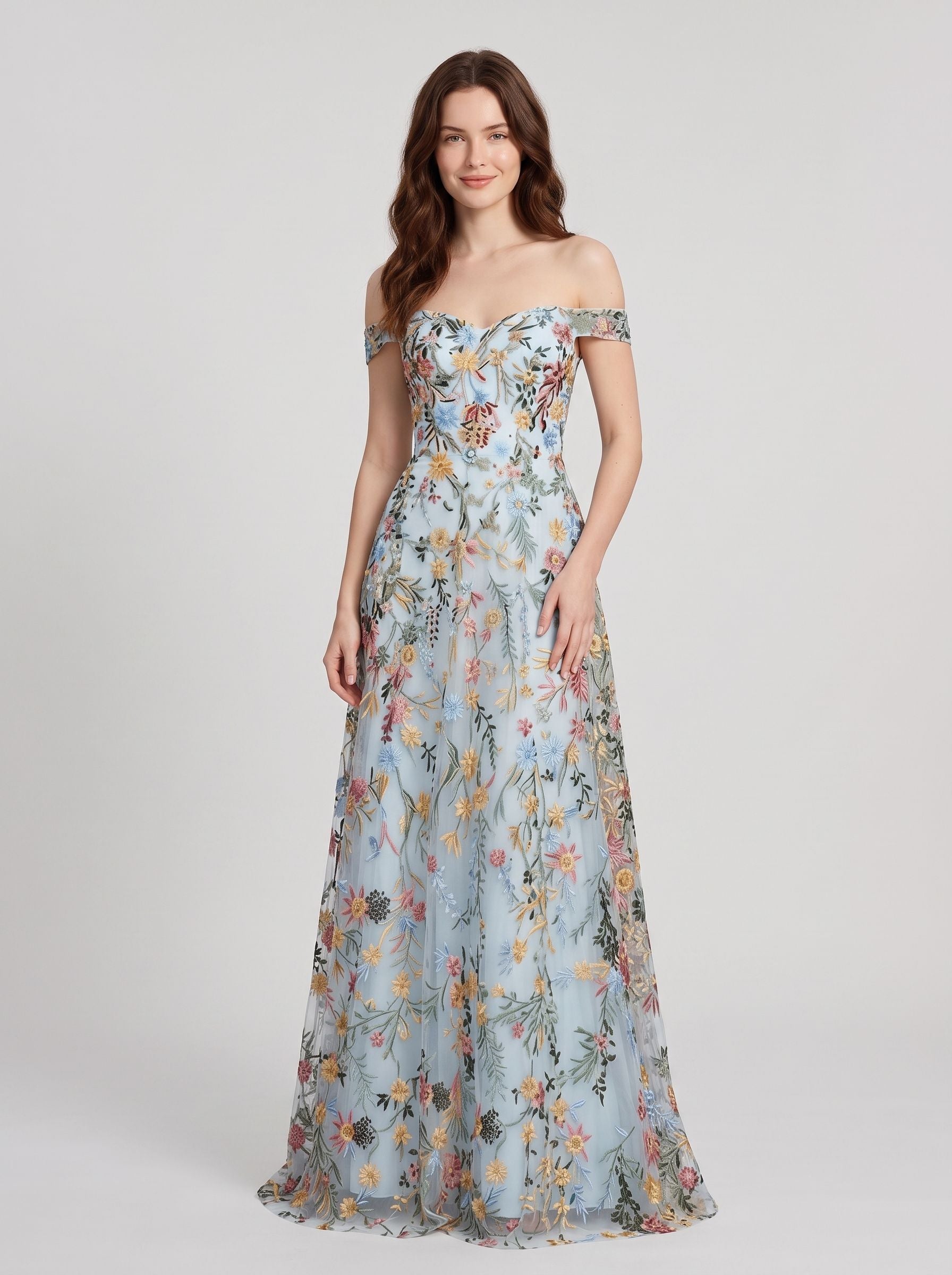 Sky Blue Tulle A-Line Off the Shoulder Zipper Back Floor Length Dress Front View - Aabei Dress