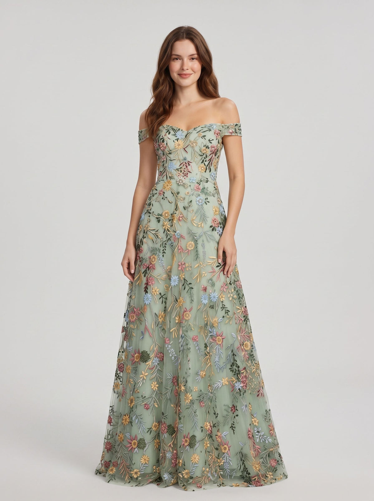 Sky Blue Tulle A-Line Off the Shoulder Zipper Back Floor Length Dress - Aabei Dress