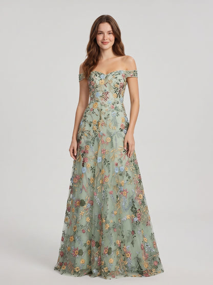 Sky Blue Tulle A-Line Off the Shoulder Zipper Back Floor Length Dress - Aabei Dress