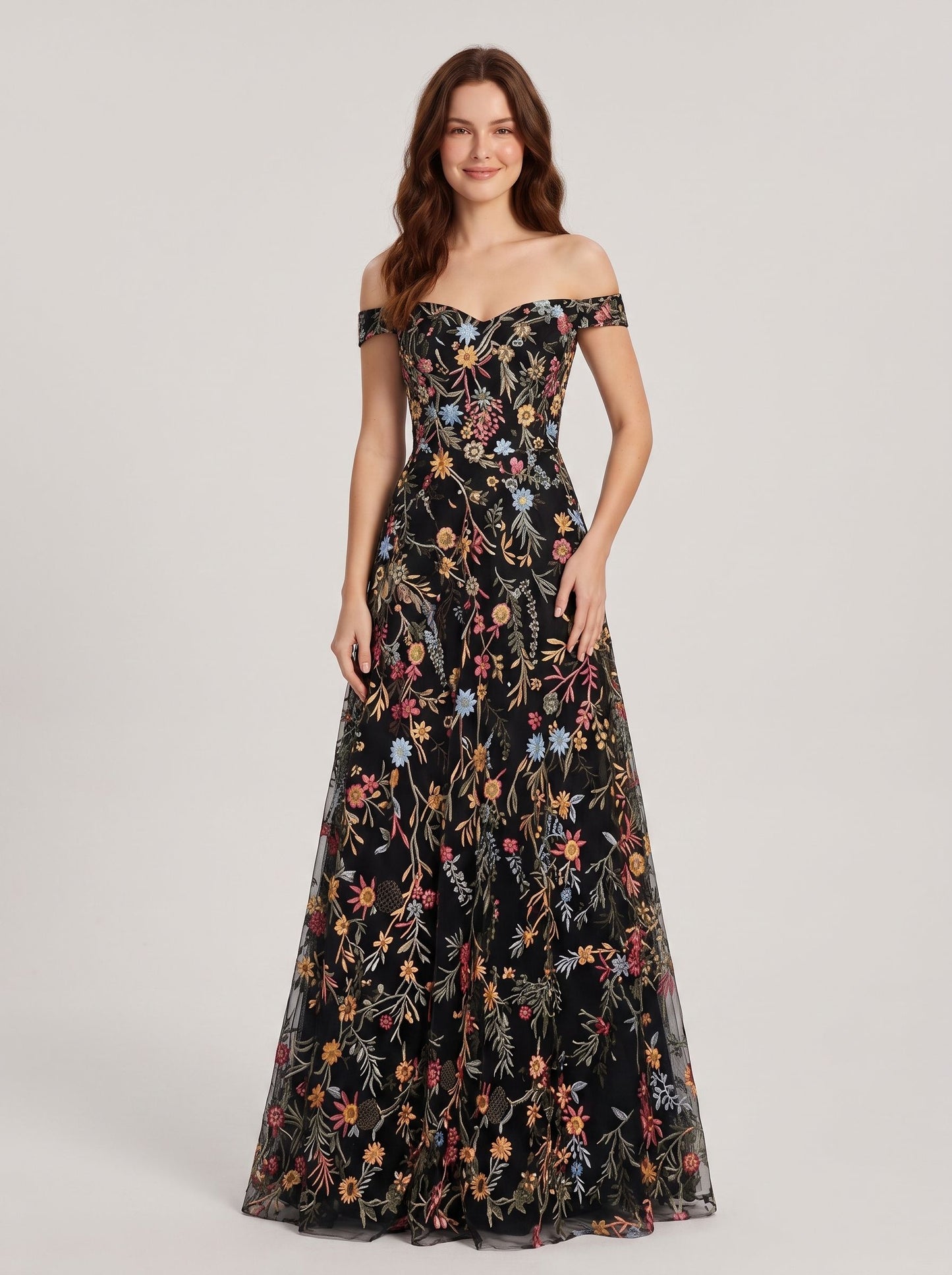 Sky Blue Tulle A-Line Off the Shoulder Zipper Back Floor Length Dress - Aabei Dress