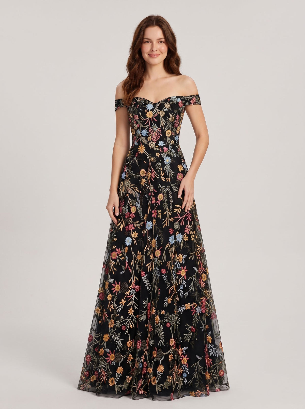 Sky Blue Tulle A-Line Off the Shoulder Zipper Back Floor Length Dress - Aabei Dress