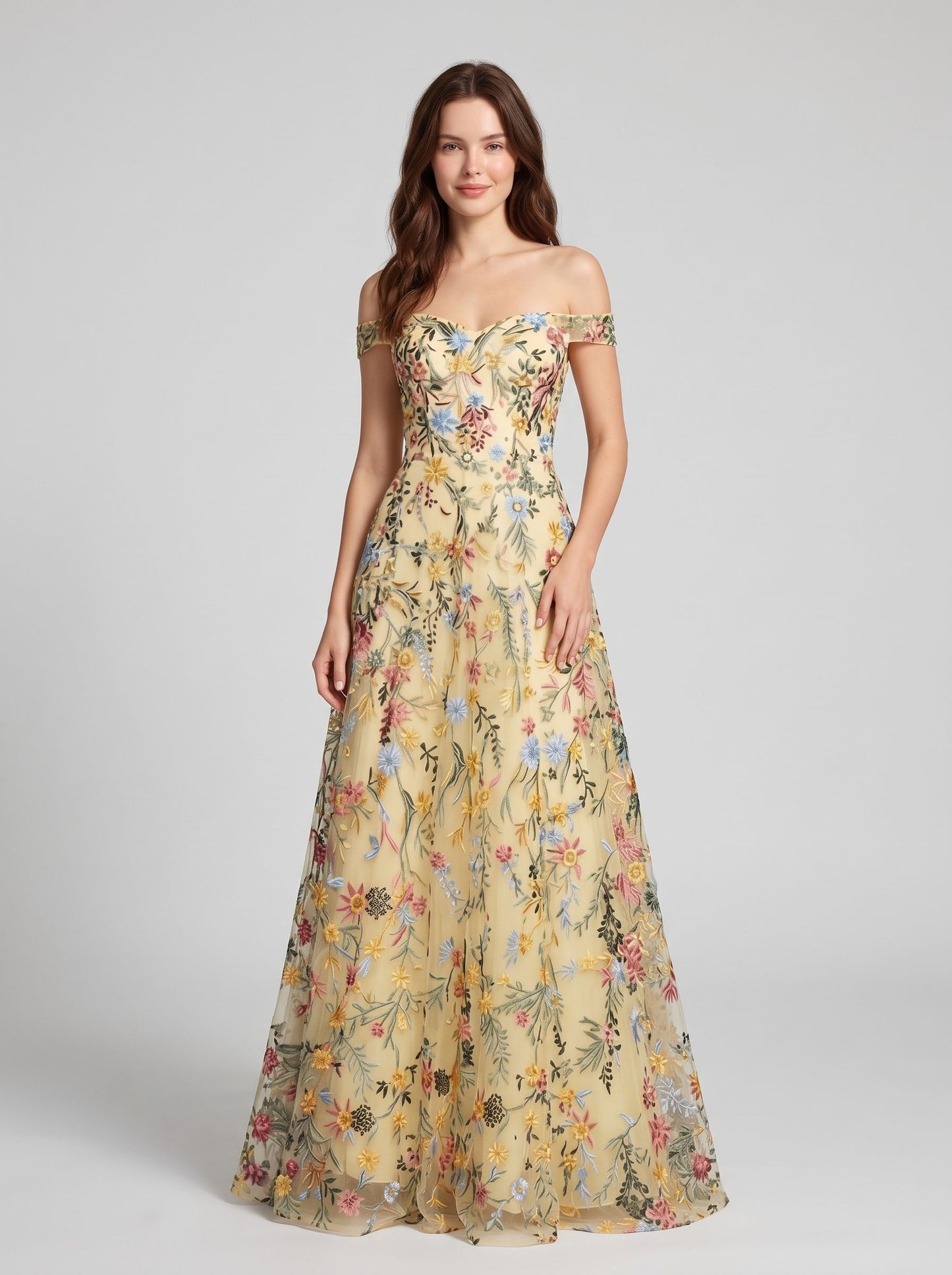 Sky Blue Tulle A-Line Off the Shoulder Zipper Back Floor Length Dress - Aabei Dress