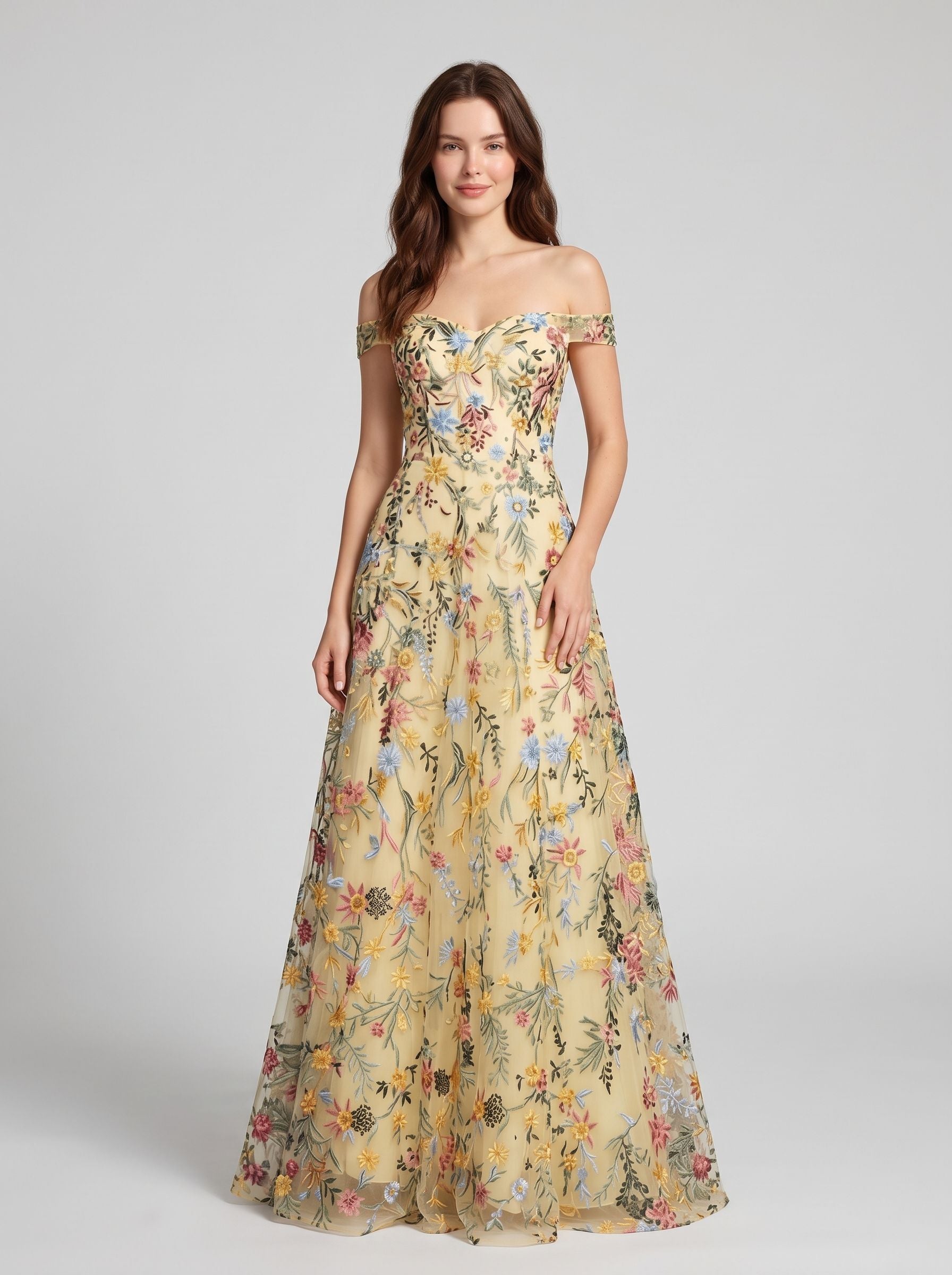 Sky Blue Tulle A-Line Off the Shoulder Zipper Back Floor Length Dress - Aabei Dress