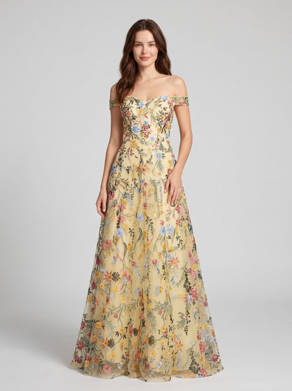 Sky Blue Tulle A-Line Off the Shoulder Zipper Back Floor Length Dress - Aabei Dress
