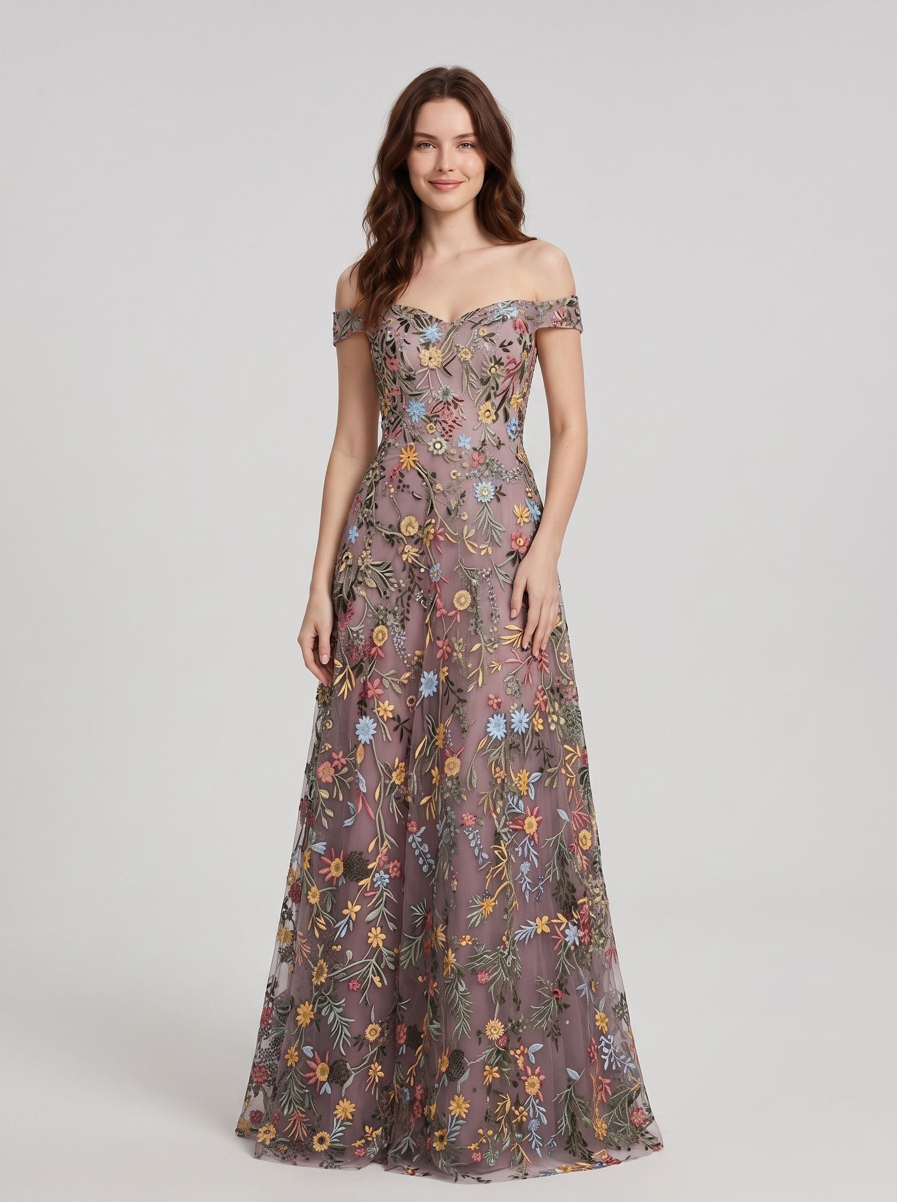 Sky Blue Tulle A-Line Off the Shoulder Zipper Back Floor Length Dress - Aabei Dress