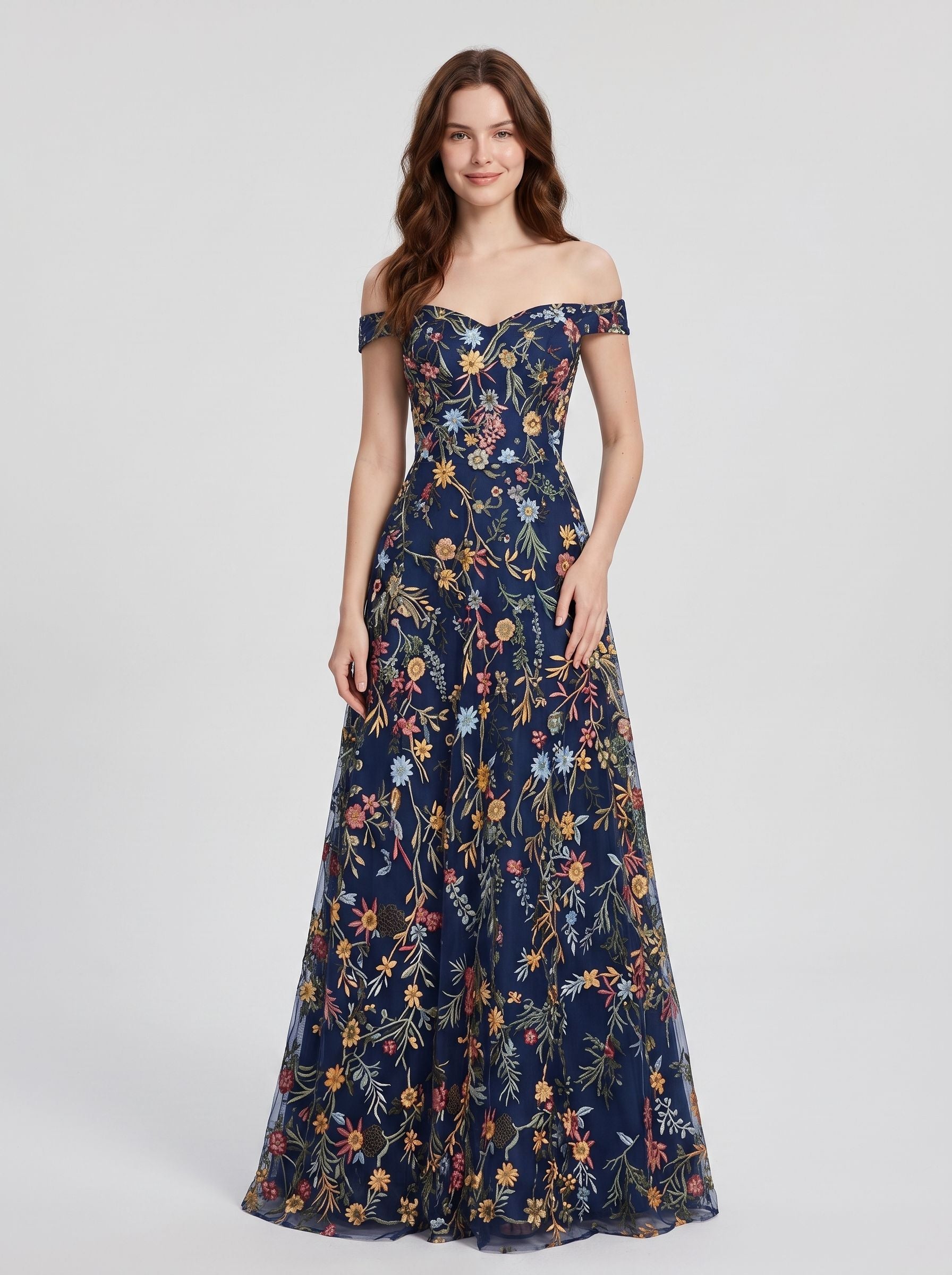 Sky Blue Tulle A-Line Off the Shoulder Zipper Back Floor Length Dress - Aabei Dress