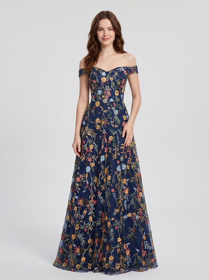 Sky Blue Tulle A-Line Off the Shoulder Zipper Back Floor Length Dress - Aabei Dress