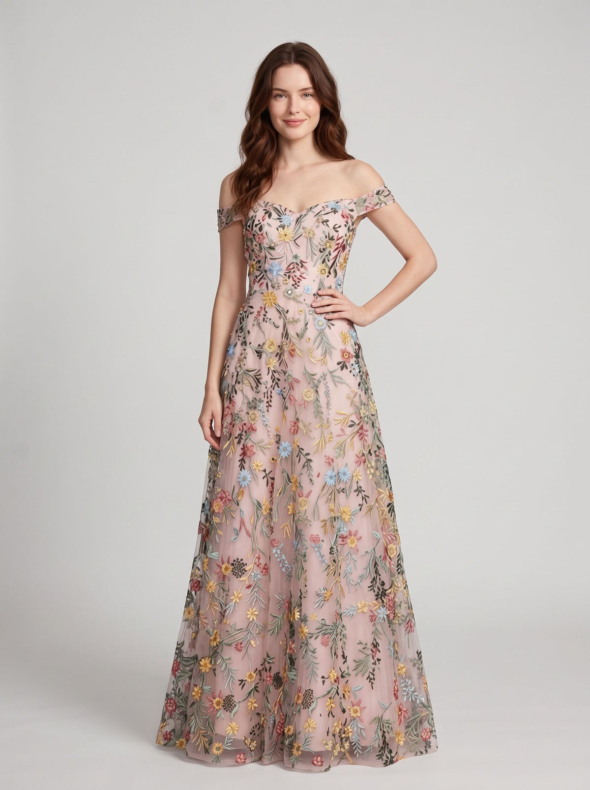 Sky Blue Tulle A-Line Off the Shoulder Zipper Back Floor Length Dress - Aabei Dress