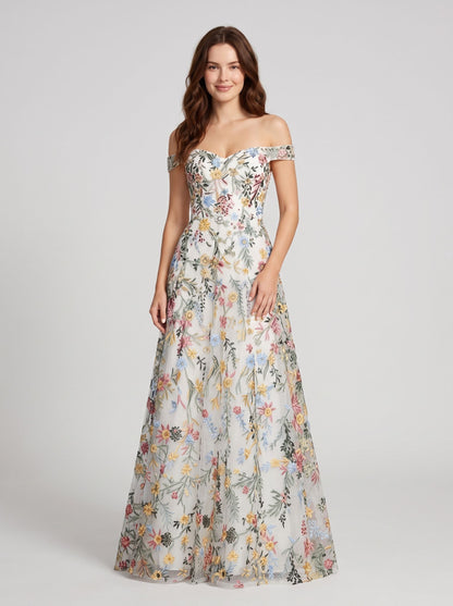 Sky Blue Tulle A-Line Off the Shoulder Zipper Back Floor Length Dress - Aabei Dress