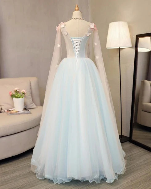 Sky Blue Tulle A-Line Scoop Neck Lace Up Back Floor Length Dress Back View - Aabei Dress