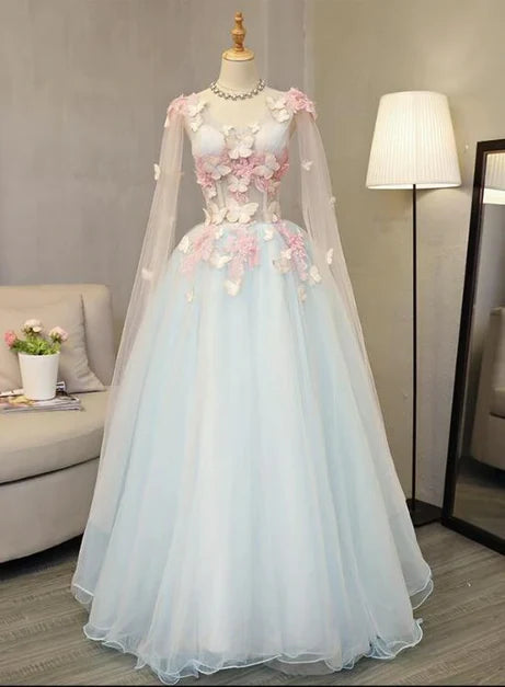 Sky Blue Tulle A-Line Scoop Neck Lace Up Back Floor Length Dress Front View - Aabei Dress