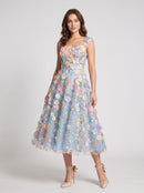 Sky Blue Tulle A-Line Square Neck Zipper Back Tea-Length Dress - Aabei Dress