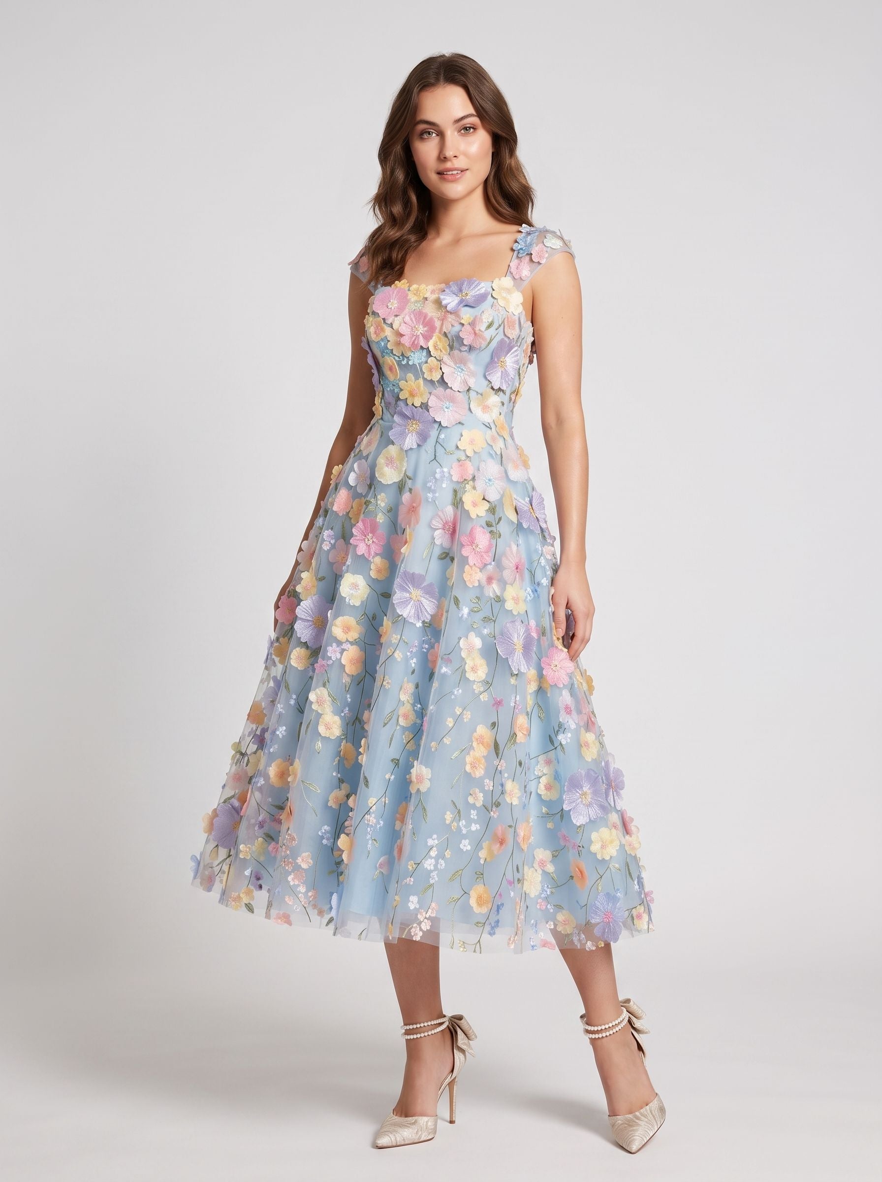 Sky Blue Tulle A-Line Square Neck Zipper Back Tea-Length Dress - Aabei Dress