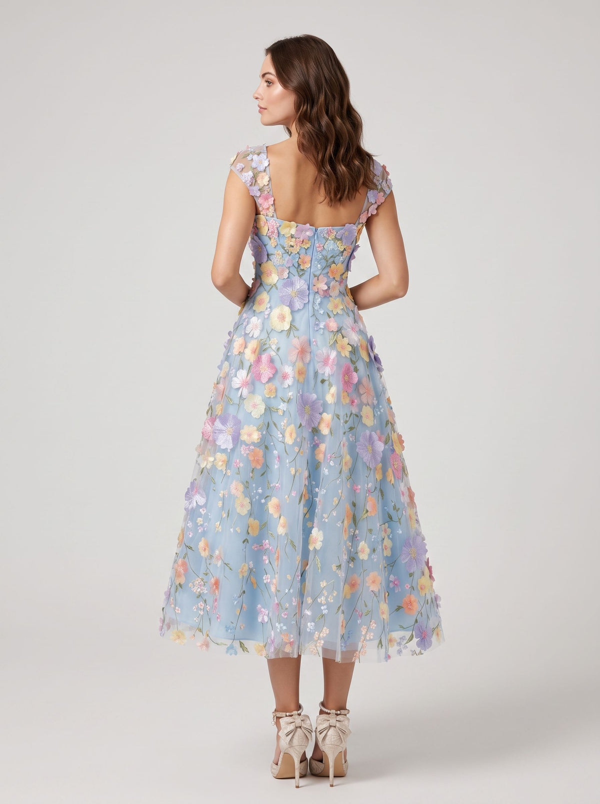 Sky Blue Tulle A-Line Square Neck Zipper Back Tea-Length Dress - Aabei Dress