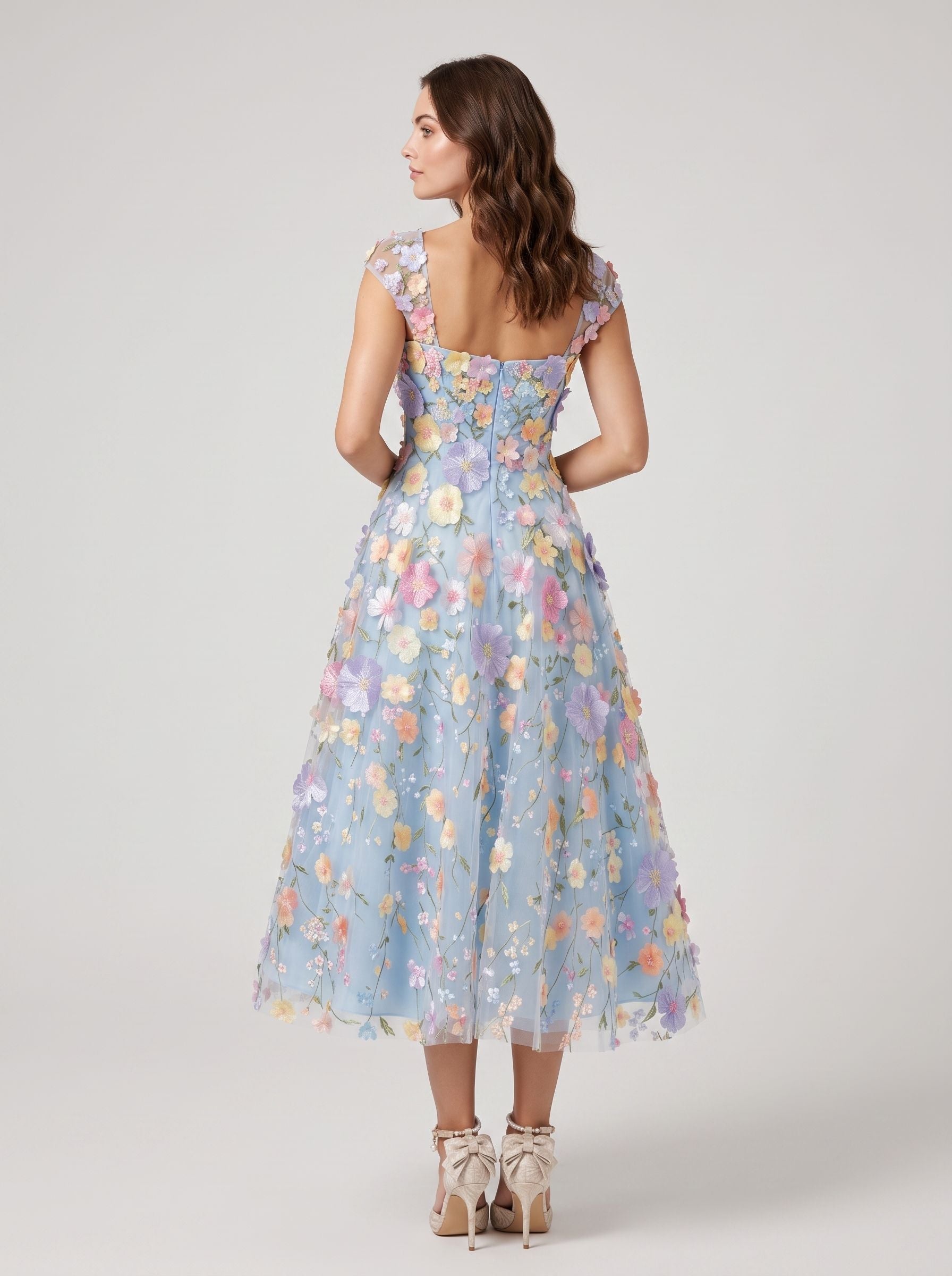 Sky Blue Tulle A-Line Square Neck Zipper Back Tea-Length Dress - Aabei Dress