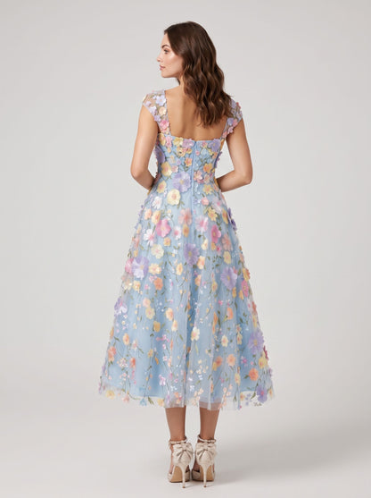 Sky Blue Tulle A-Line Square Neck Zipper Back Tea-Length Dress - Aabei Dress